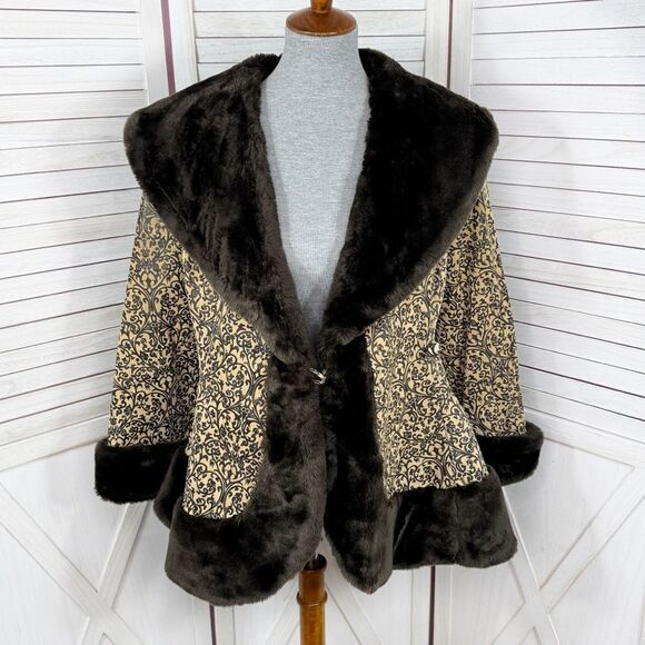 Newport News Vintage Embossed Faux Fir Trim Leather Princess‎ Swing Coat Small - Picture 8 of 15